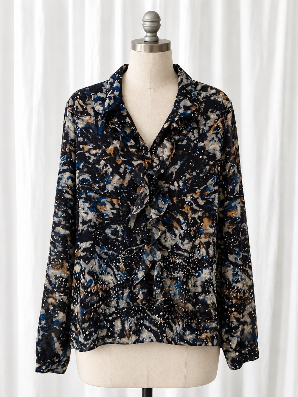 CAbi Abstract Ruffle-Front Blouse - Black Blue Tan